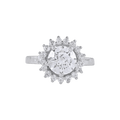 Radiant Halo Bloom 92.5 silver ring featuring a large round-cut center stone surrounded by a floral halo of smaller stones.