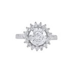 Radiant Halo Bloom 92.5 silver ring featuring a large round-cut center stone surrounded by a floral halo of smaller stones.