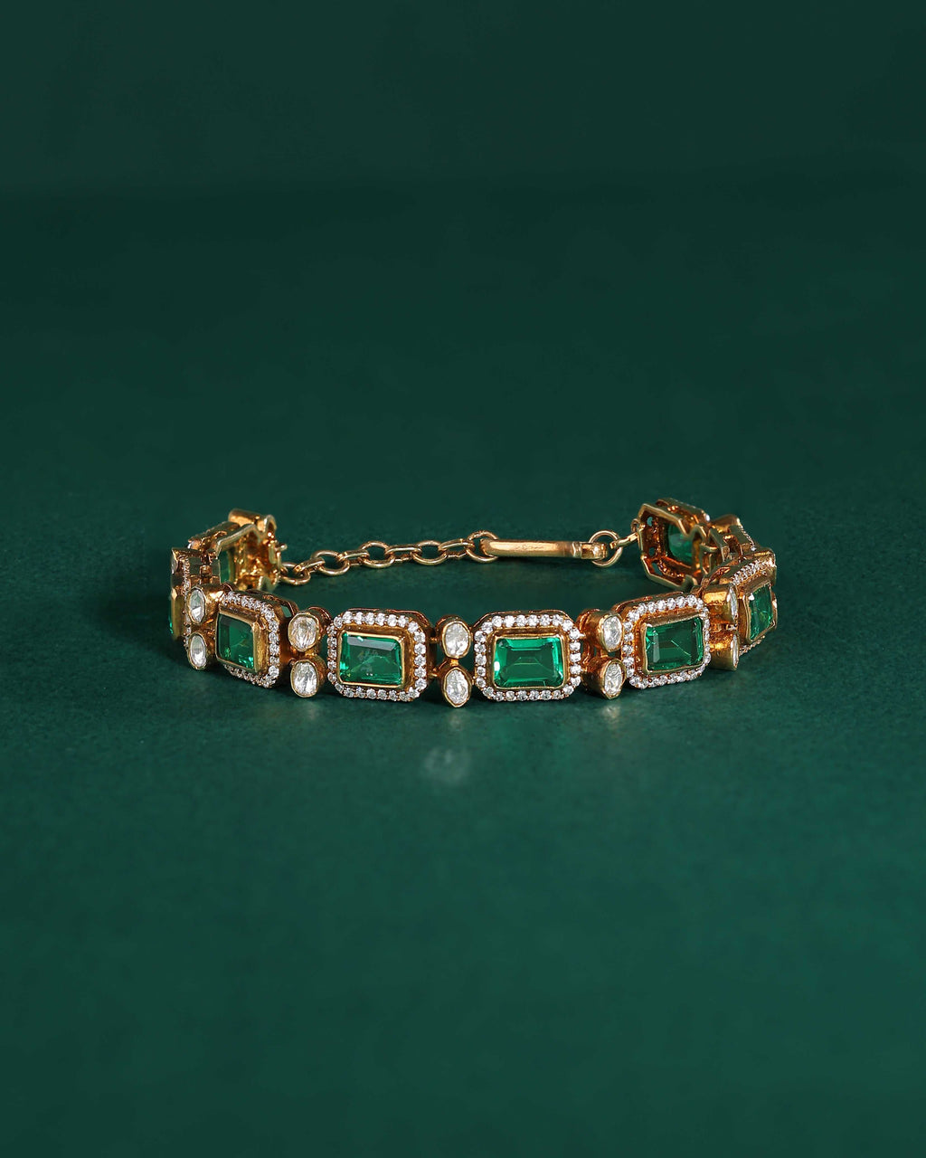 Silver Polki Pattern Bracelet With Green StonesSilver Polki Pattern Bracelet