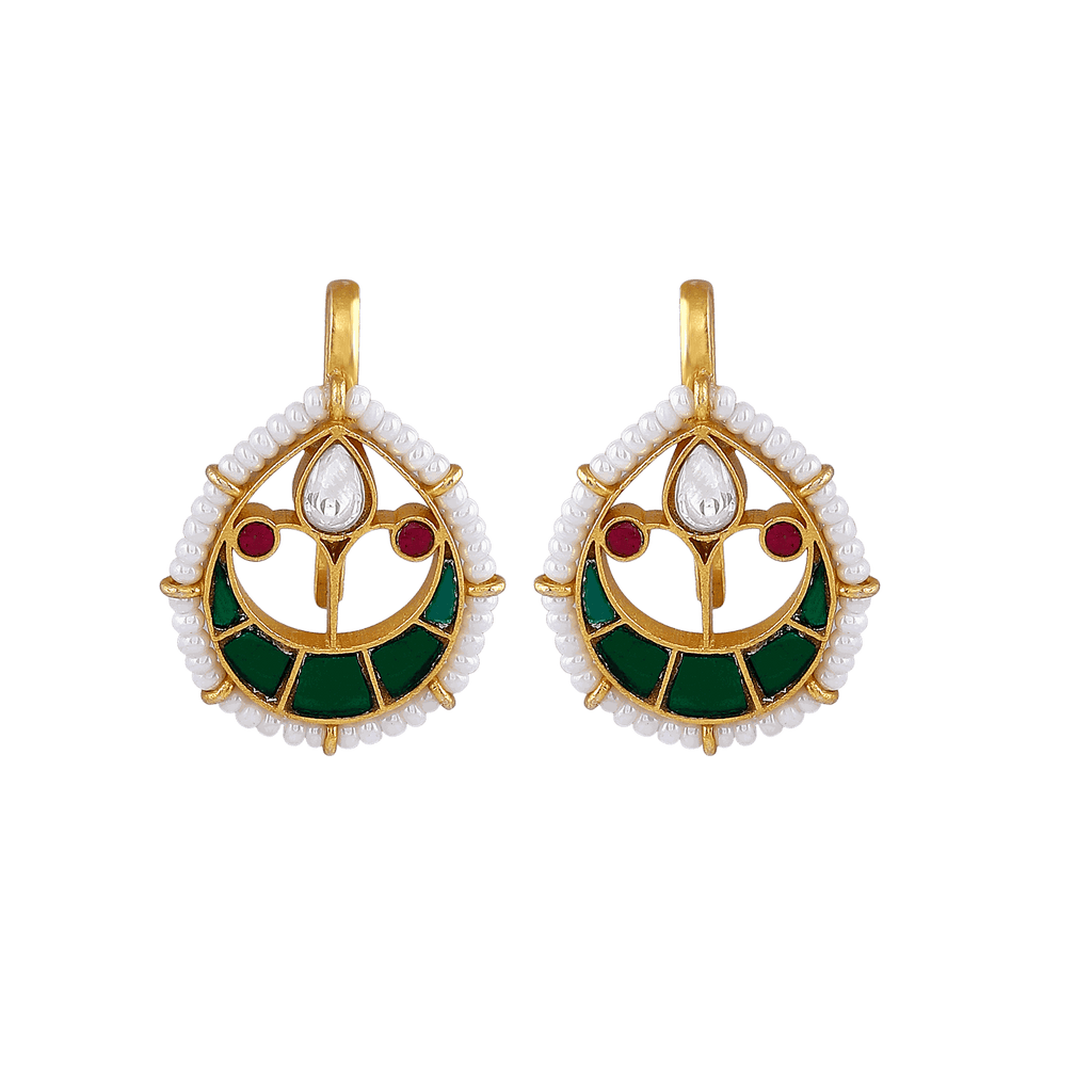 Kundan Pattern Silver Drop Earrings featuring gold-plated sterling silver with green enamel, ruby-pink stones, and pearl accents.