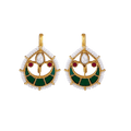 Kundan Pattern Silver Drop Earrings featuring gold-plated sterling silver with green enamel, ruby-pink stones, and pearl accents.