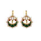 Kundan Pattern Silver Drop Earrings featuring gold-plated sterling silver with green enamel, ruby-pink stones, and pearl accents.