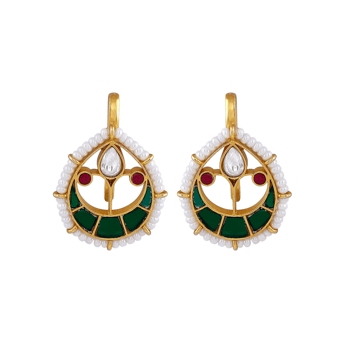 Kundan Pattern Silver Drop Earrings featuring gold-plated sterling silver with green enamel, ruby-pink stones, and pearl accents.