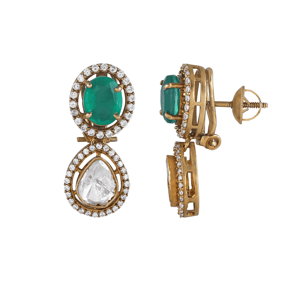 Green Stone Polki Pattern Silver Gilt Drop EarringsGreen Stone Polki
