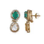 Green Stone Polki Pattern Silver Gilt Drop EarringsGreen Stone Polki