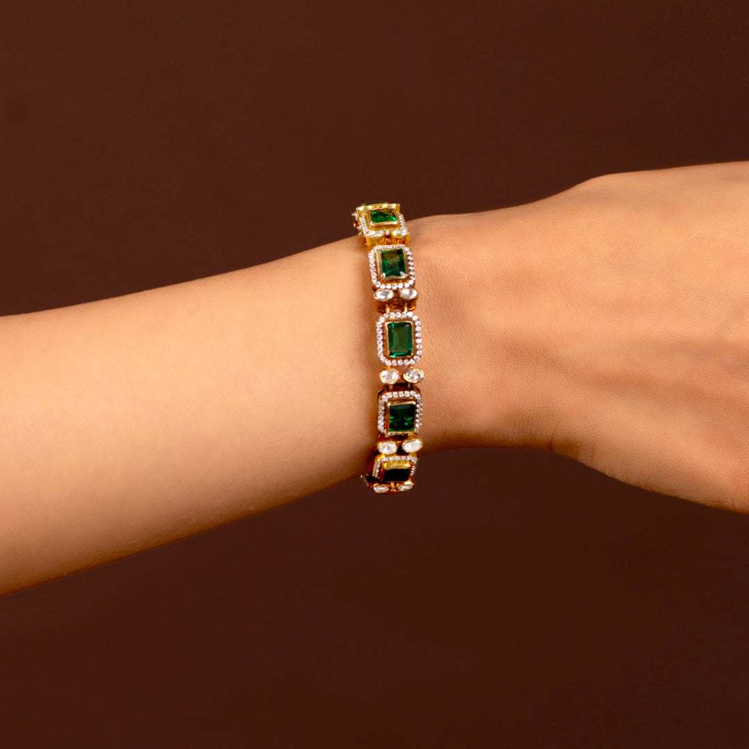 Silver Polki Pattern Bracelet With Green StonesSilver Polki Pattern Bracelet