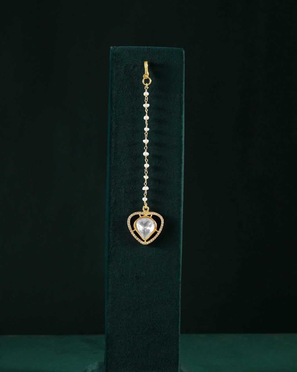 Silver Gold-Plated Heart Maang Tikka with Pearl ChainSilver Gold-Plated Heart Maang Tikka