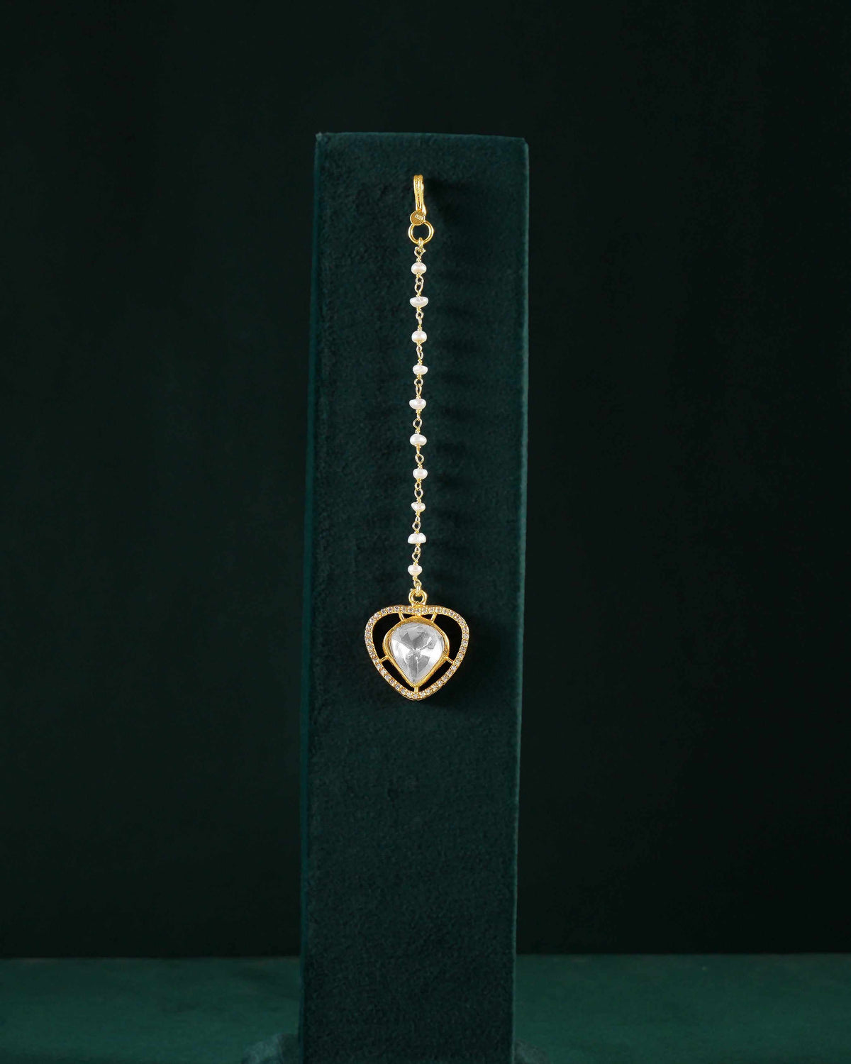 Silver Gold-Plated Heart Maang Tikka with Pearl ChainSilver Gold-Plated Heart Maang Tikka