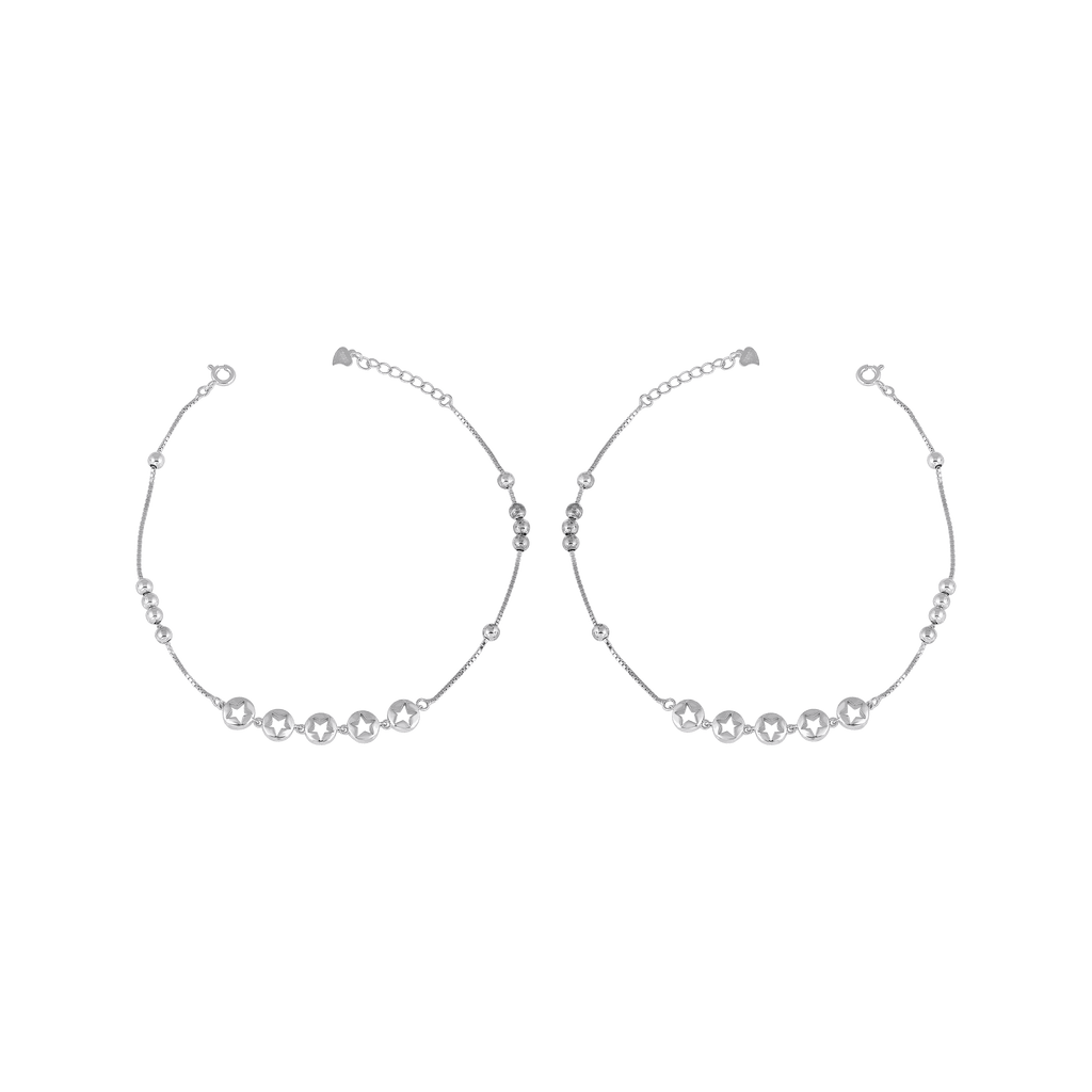Delicate Star Motif 92.5 Sterling Silver anklets featuring small star charms and silver beads with adjustable clasp closures.