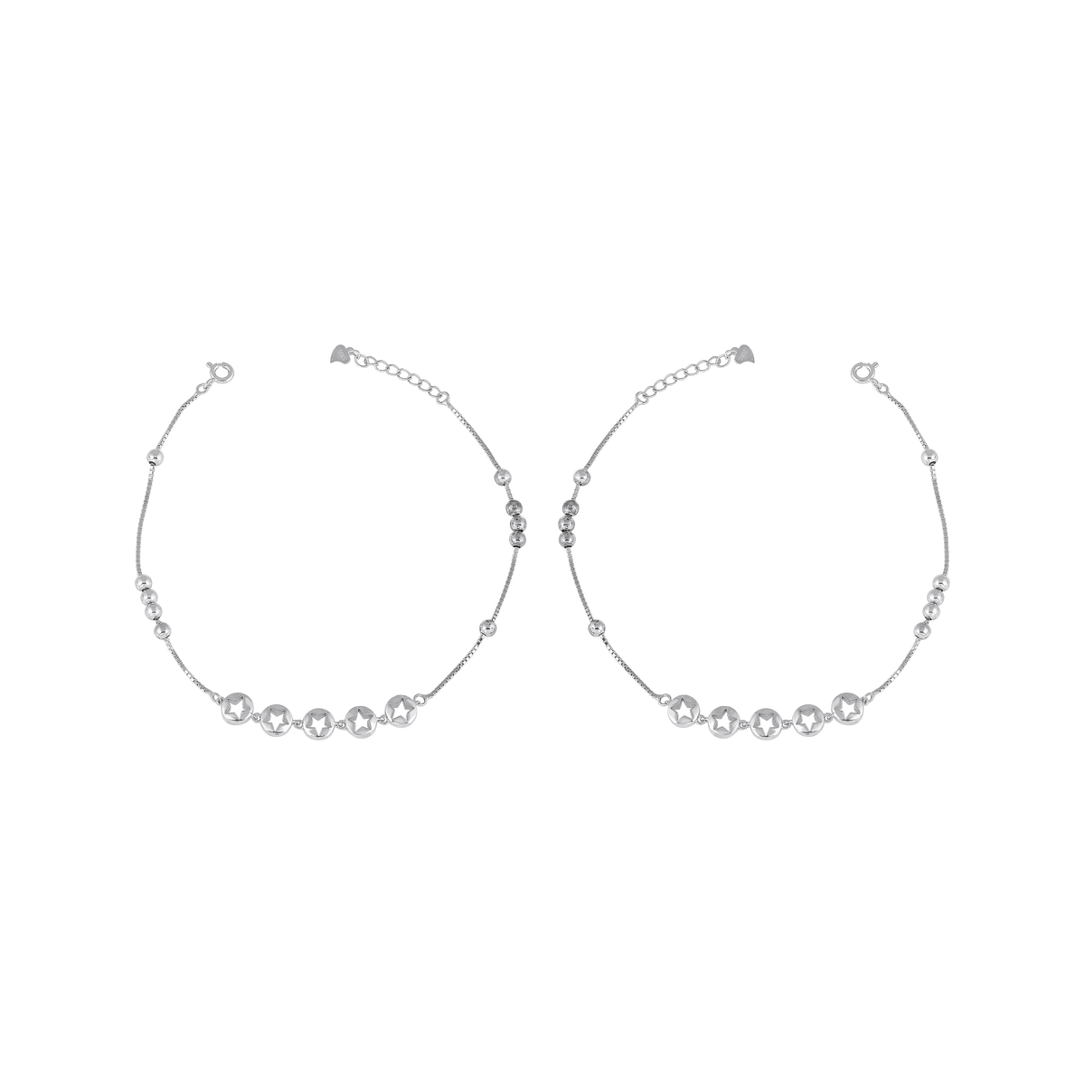 Delicate Star Motif 92.5 Sterling Silver anklets featuring small star charms and silver beads with adjustable clasp closures.