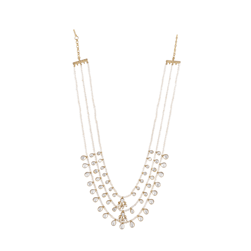 Triple-Layered 92.5 Silver Polki Haram with Seed Pearl AccentsTriple-Layered 92.5 Silver