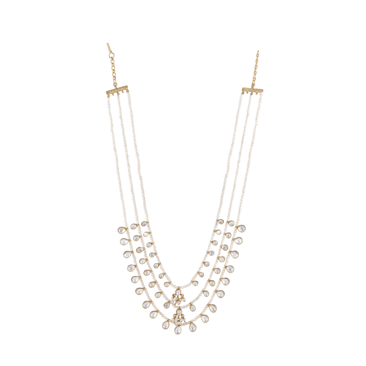 Triple-Layered 92.5 Silver Polki Haram with Seed Pearl AccentsTriple-Layered 92.5 Silver