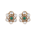 Silver Floral Studs featuring a gold polish, green center stone, and clear petal-shaped cubic zirconia arranged in a flower pattern.