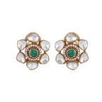 Silver Floral Studs featuring a gold polish, green center stone, and clear petal-shaped cubic zirconia arranged in a flower pattern.
