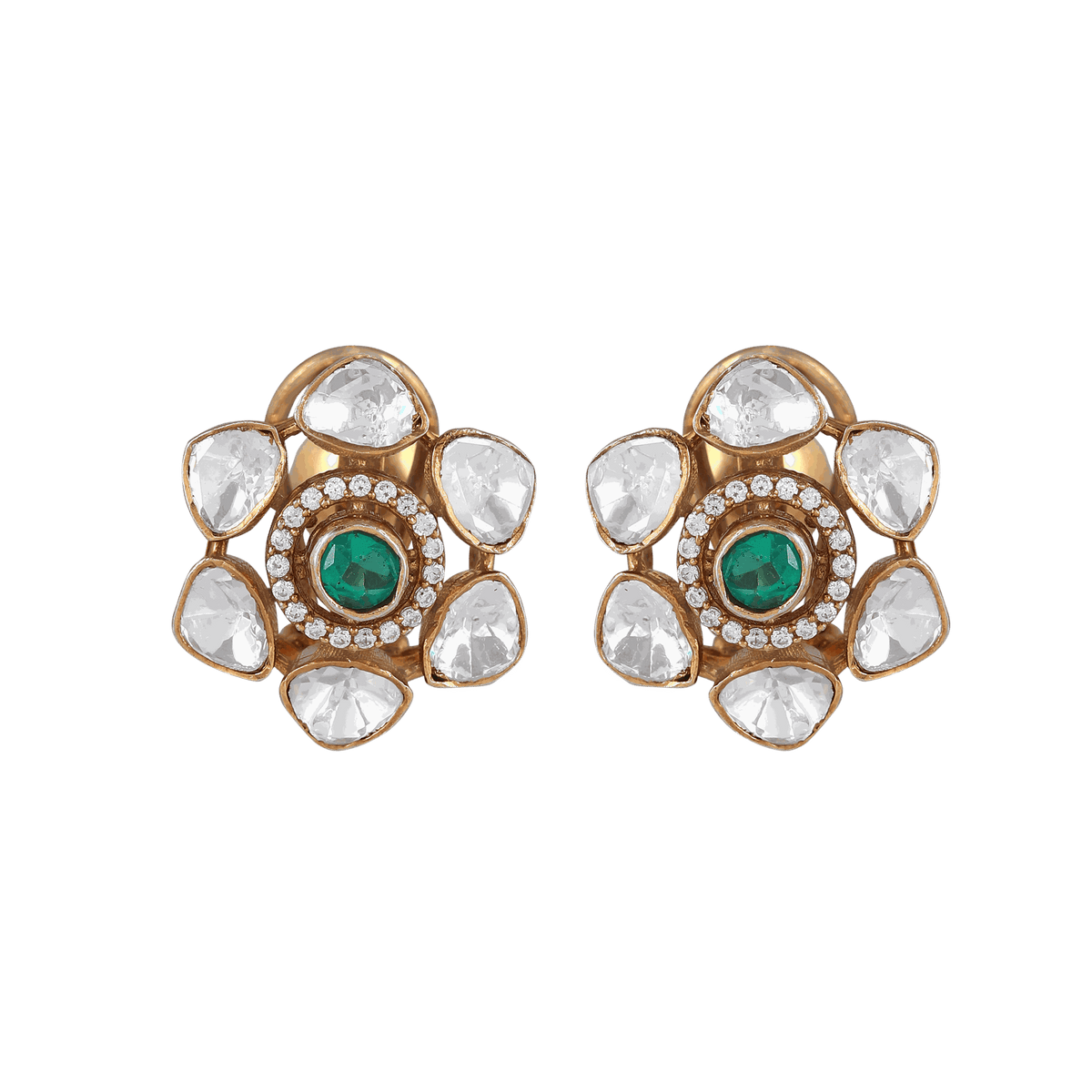 Silver Floral Studs featuring a gold polish, green center stone, and clear petal-shaped cubic zirconia arranged in a flower pattern.