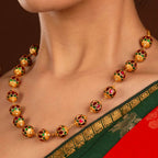 Gold-Tone Silver Kundan Pattern Bead Necklace by Tavya Jewellery - styled close-up