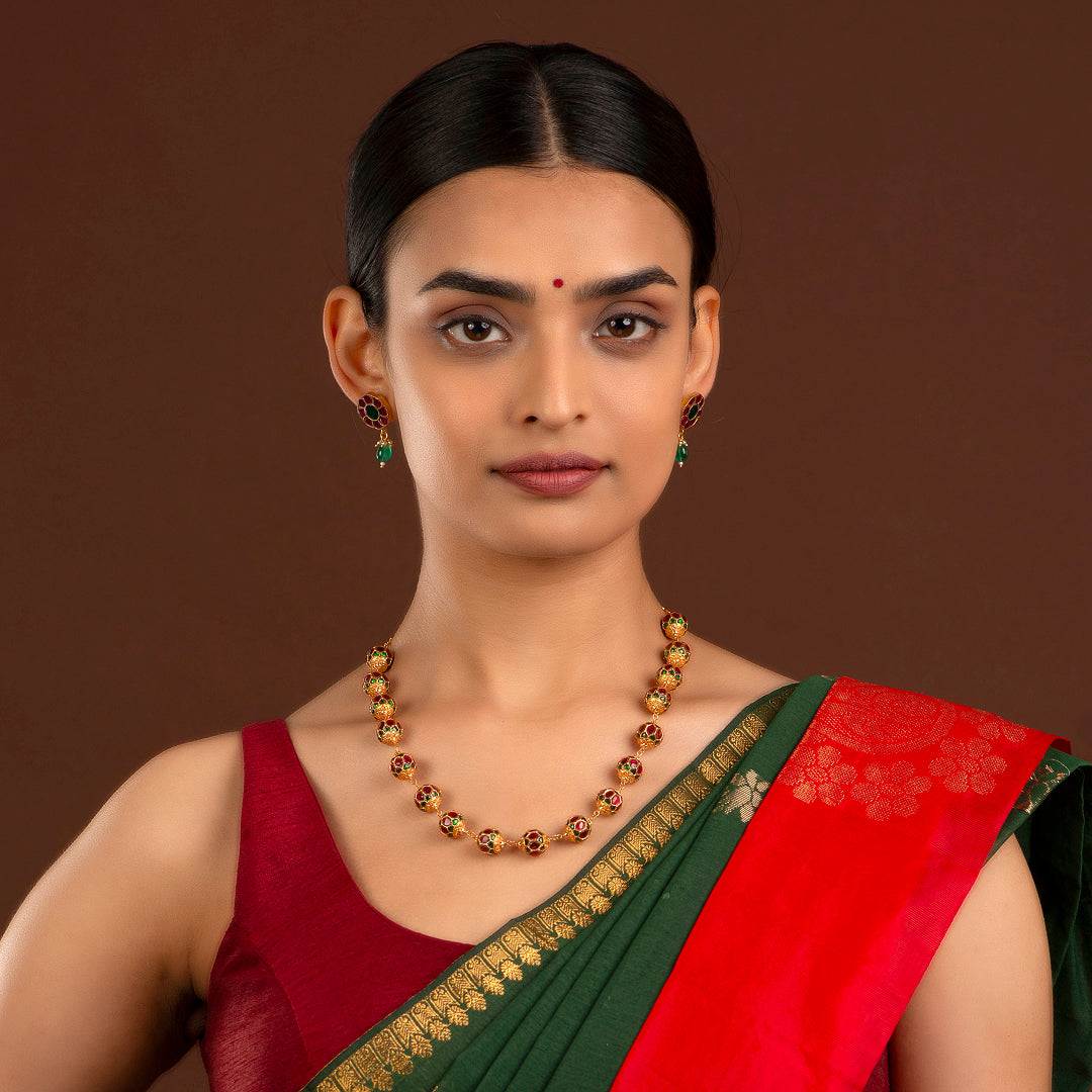 Gold-Tone Silver Kundan Pattern Bead Necklace by Tavya Jewellery - side view