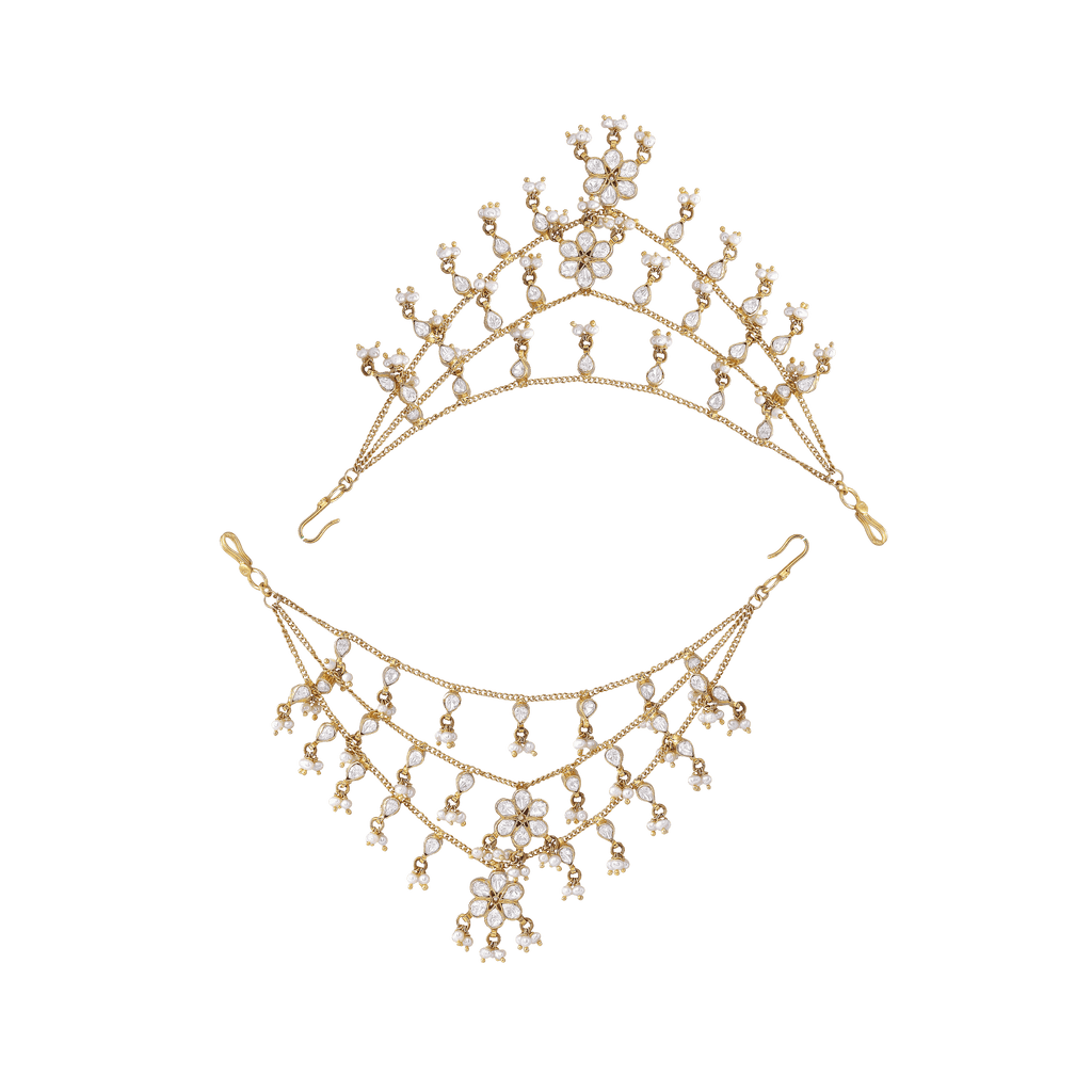 Silver Three-Layered gold polished ear chains with intricate floral patterns and lustrous pearl drops in a traditional design