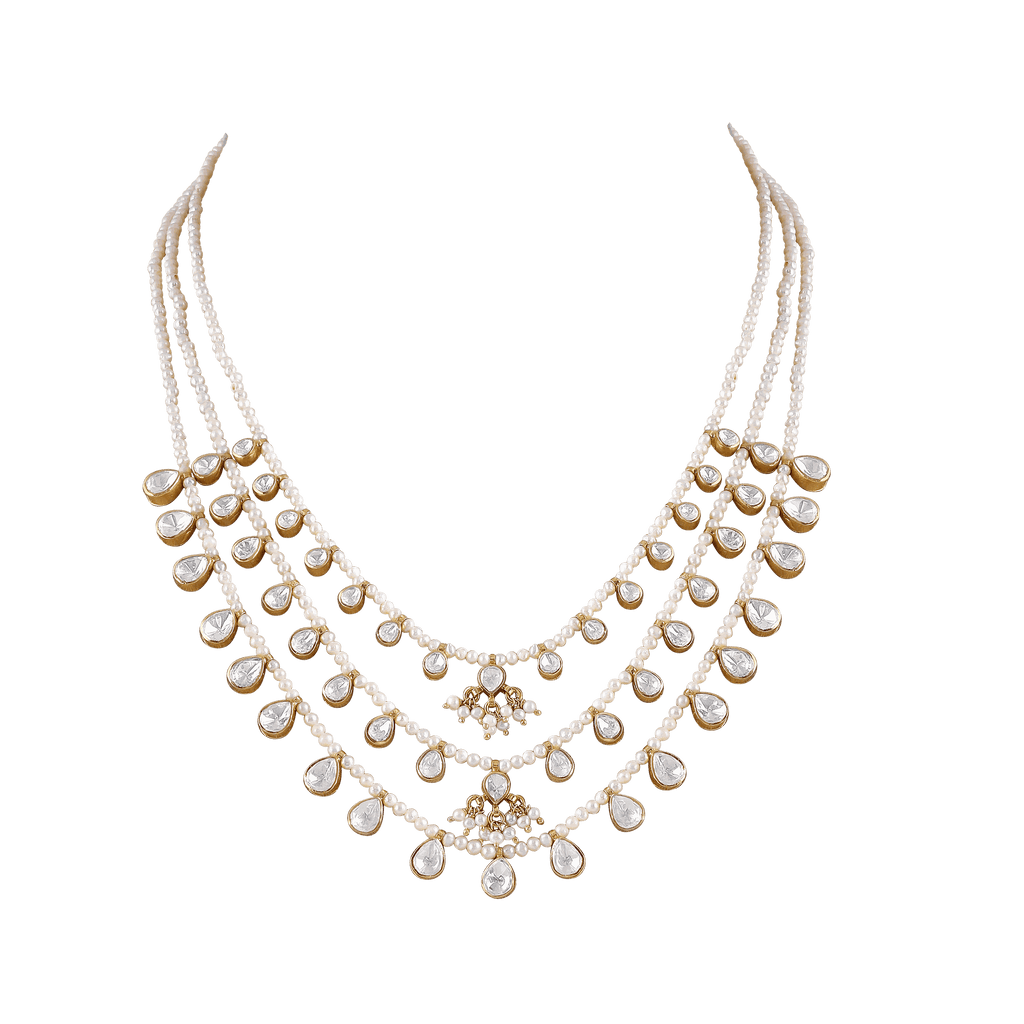 Triple-Layered 92.5 Silver Polki Haram with Seed Pearl AccentsTriple-Layered 92.5 Silver
