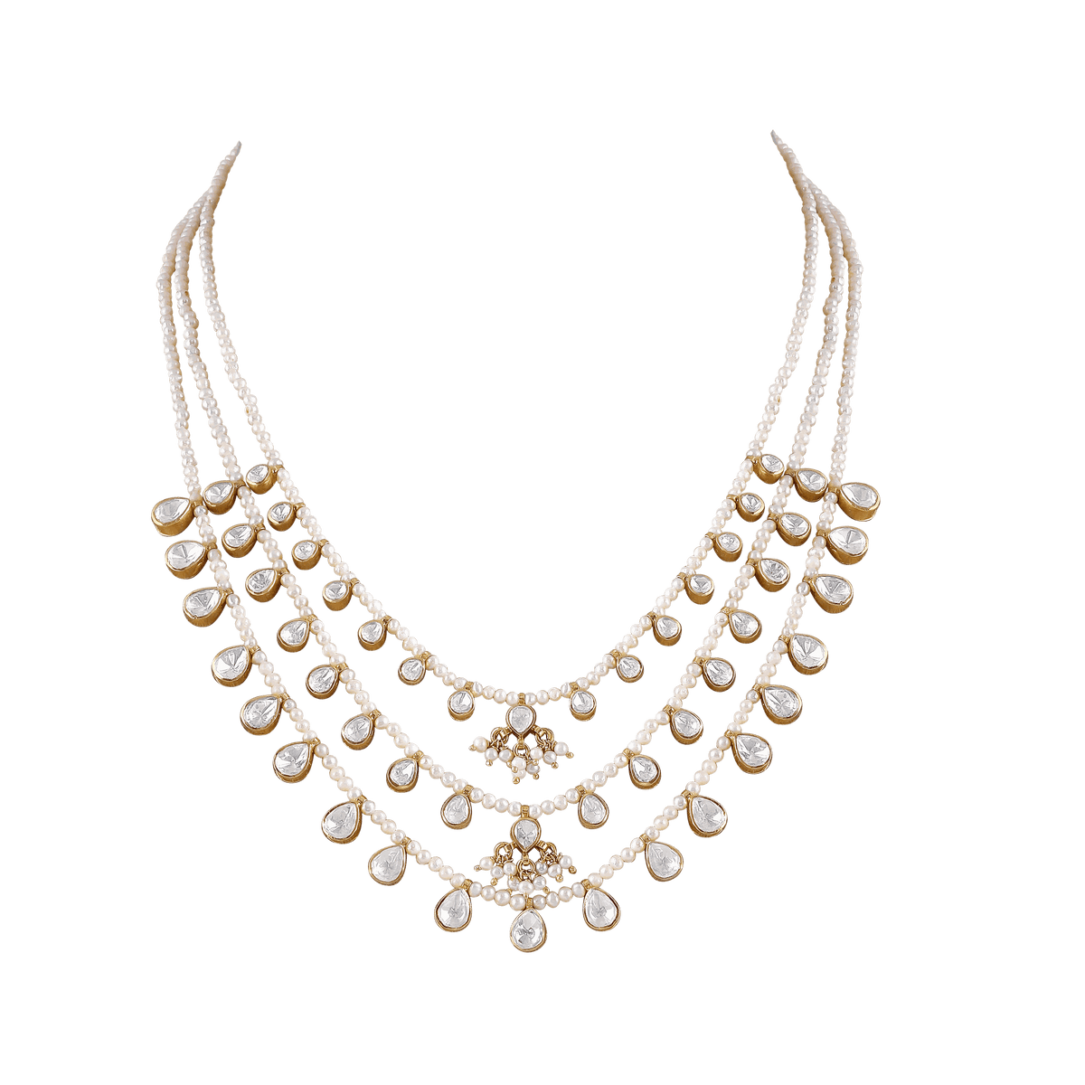 Triple-Layered 92.5 Silver Polki Haram with Seed Pearl AccentsTriple-Layered 92.5 Silver