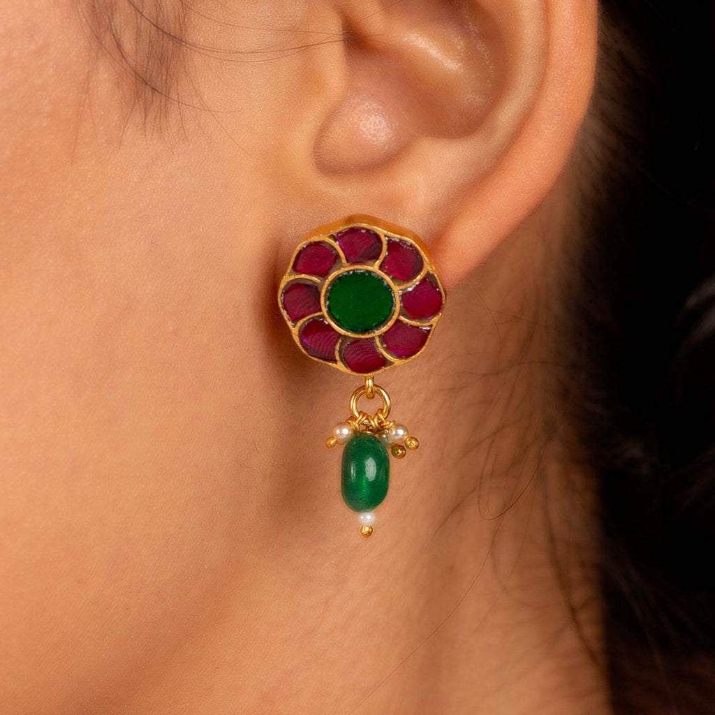 92.5 Silver Gold Plated Floral Earrings by Tavya Jewellery - side view