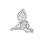 Radiant Pear & Circular CZ Bypass Silver Ring featuring an asymmetric sterling silver band with pear-shaped and round cubic zirconia stones.