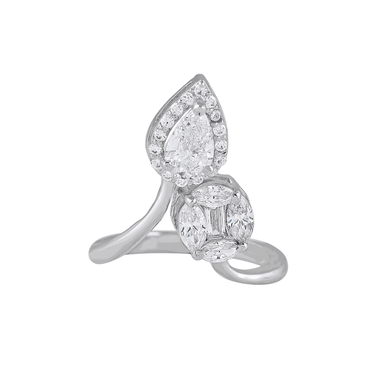 Radiant Pear & Circular CZ Bypass Silver Ring featuring an asymmetric sterling silver band with pear-shaped and round cubic zirconia stones.