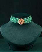 Silver Green Bead Choker Necklace With Kundan Pattern PendantSilver Green Bead Choker