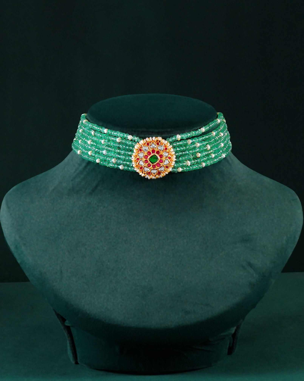 Silver Green Bead Choker Necklace With Kundan Pattern PendantSilver Green Bead Choker