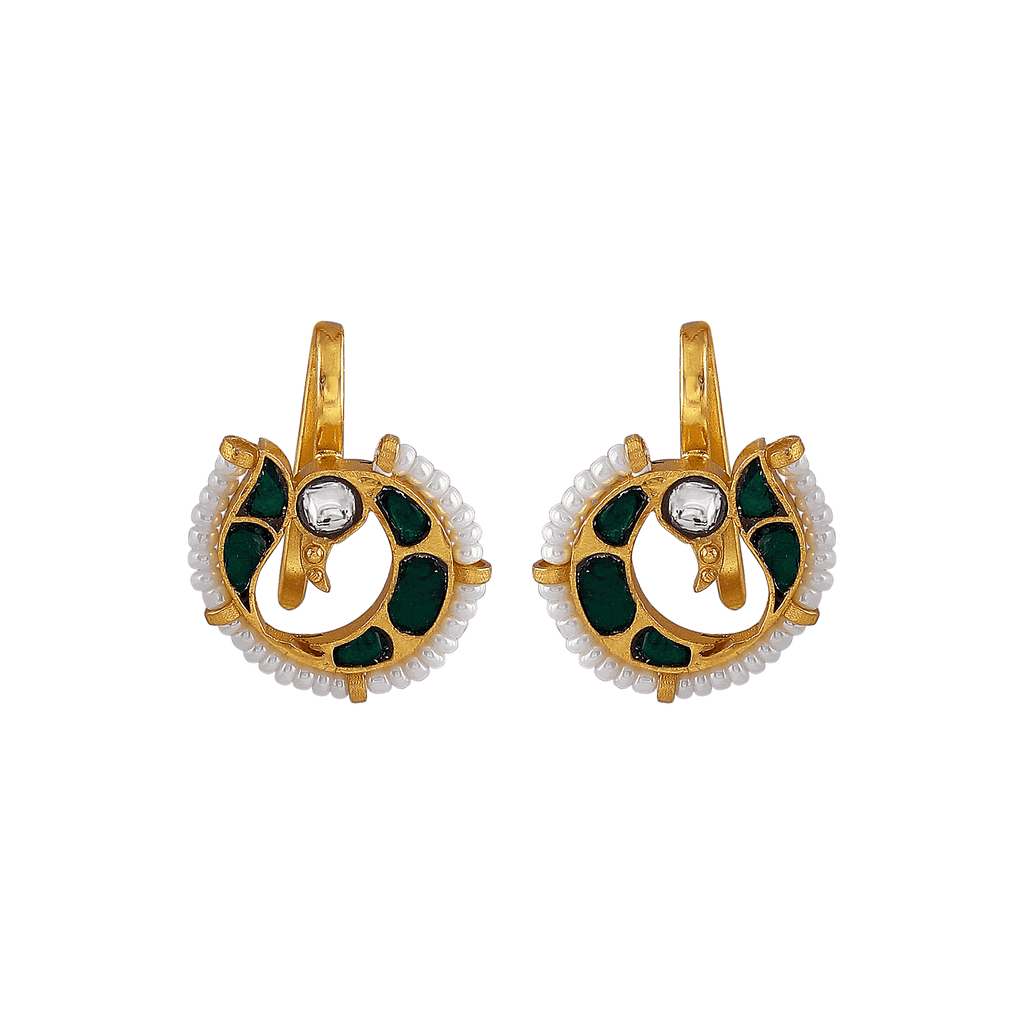 Silver Peacock Bugadi Earrings with Green AccentsSilver Peacock Bugadi Earrings