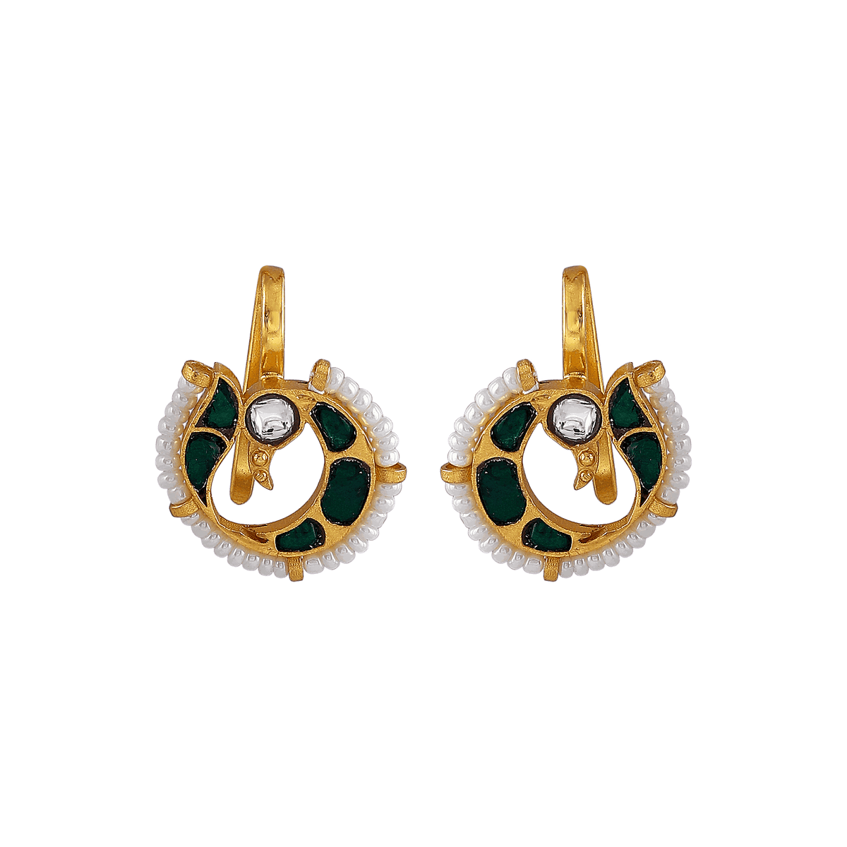 Silver Peacock Bugadi Earrings with Green AccentsSilver Peacock Bugadi Earrings