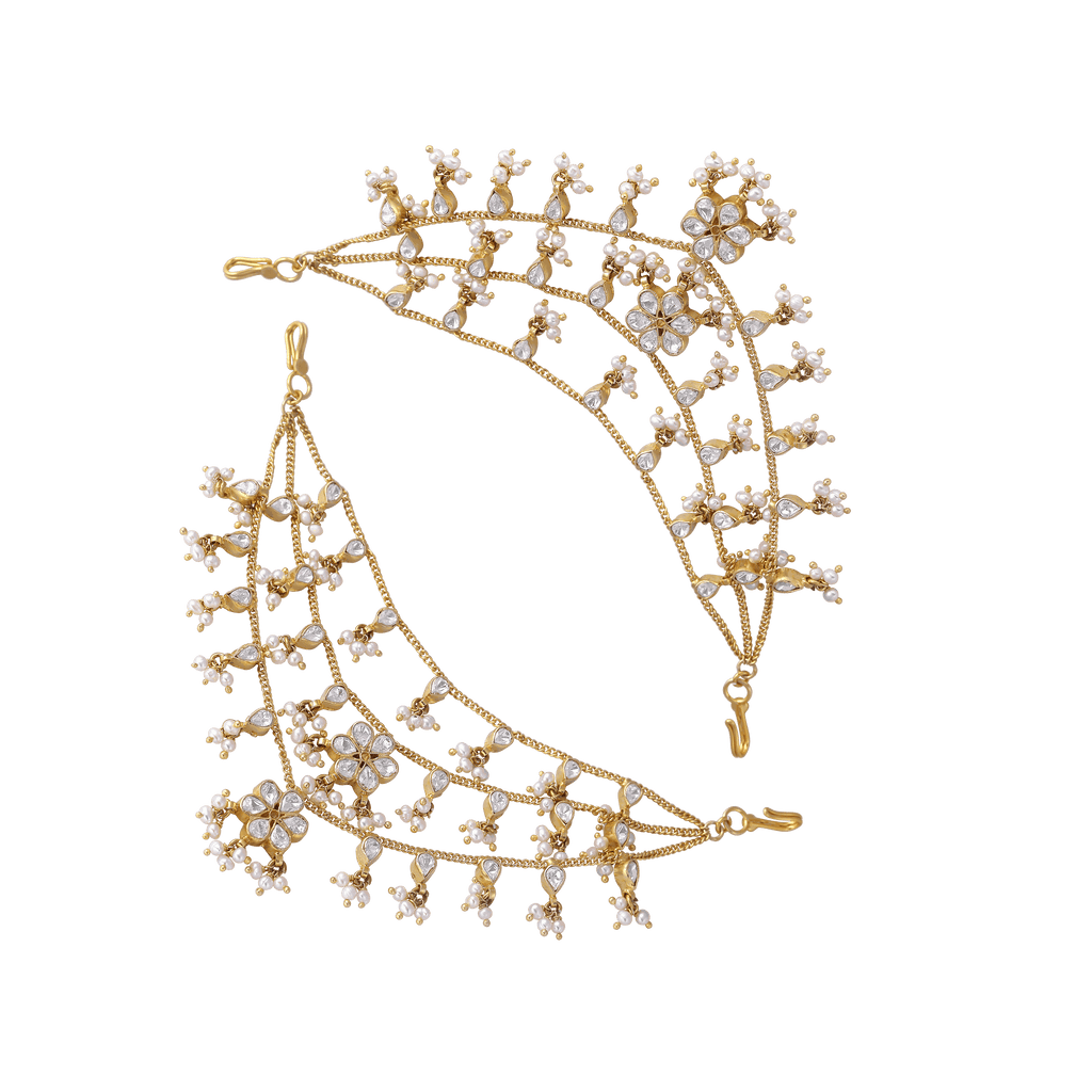Silver Three-Layered Gold Polished Matilu with Lustrous Pearl DropsSilver Three-Layered