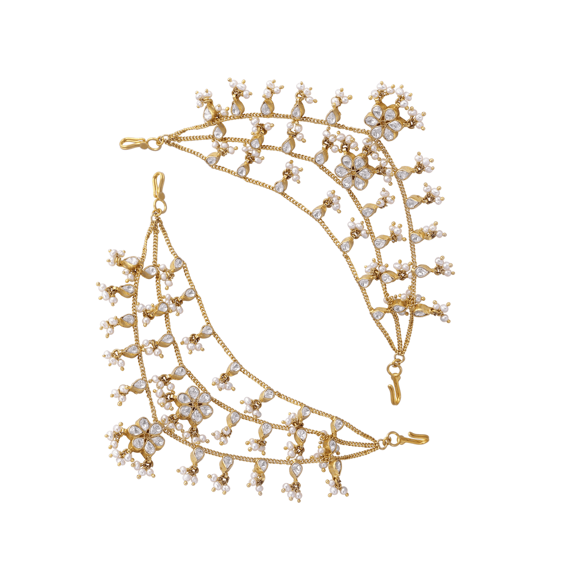 Silver Three-Layered Gold Polished Matilu with Lustrous Pearl DropsSilver Three-Layered