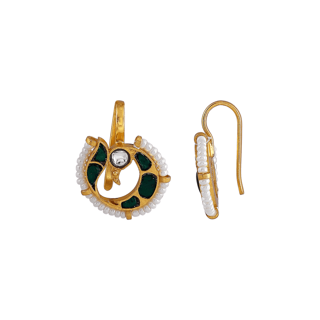 Silver Peacock Bugadi Earrings with Green AccentsSilver Peacock Bugadi Earrings