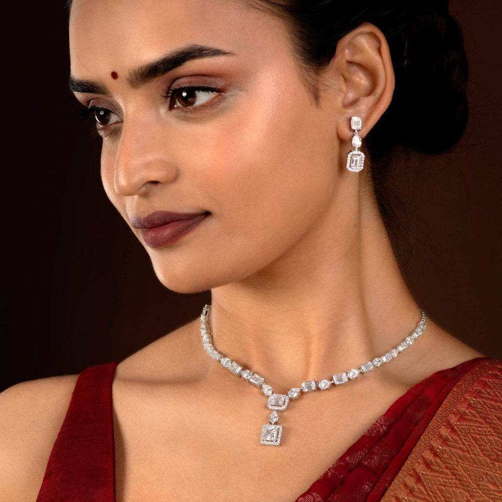 Geometric Deco Silver Necklace & Earrings SetGeometric Deco Silver Necklace