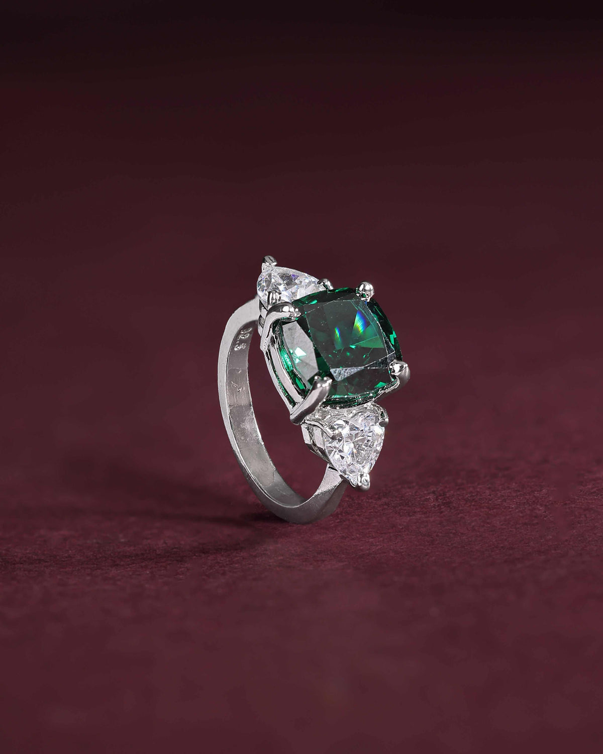 Regal Cushion-Cut Silver Ring with Green StoneRegal Cushion-Cut Silver Ring