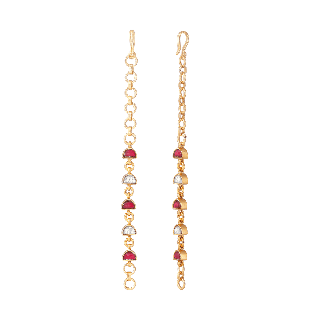 92.5 Silver Gold-Tone single-line ear chain with red and white semi-circle CZ stones and a gold-plated link chain