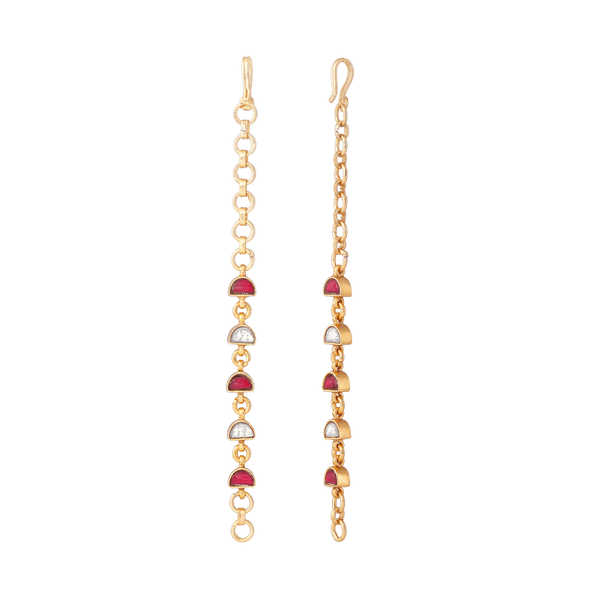 92.5 Silver Gold-Tone single-line ear chain with red and white semi-circle CZ stones and a gold-plated link chain