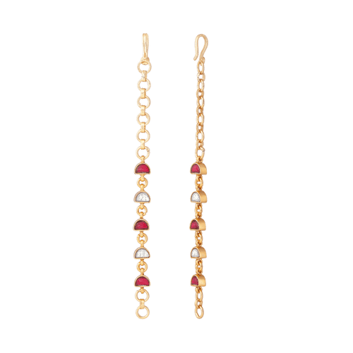 92.5 Silver Gold-Tone single-line ear chain with red and white semi-circle CZ stones and a gold-plated link chain