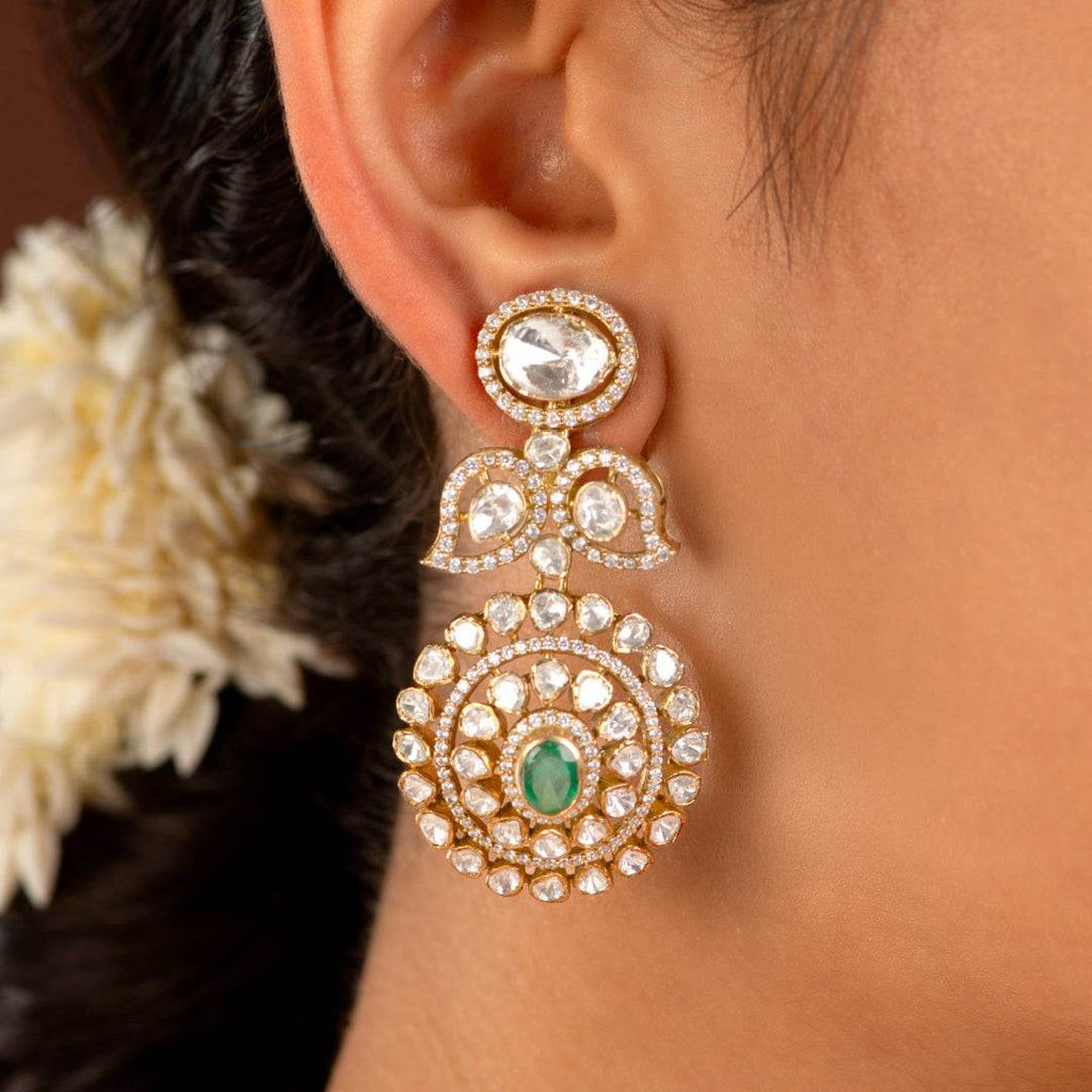 Empress Leaf-Motif Polki Style Silver Drop Earrings by Tavya Jewellery - side view