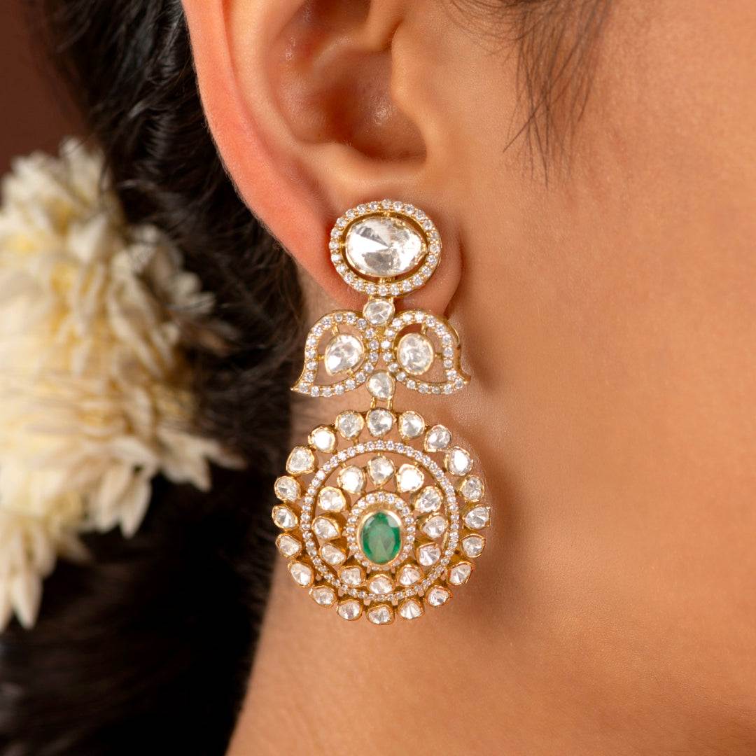 Empress Leaf-Motif Polki Style Silver Drop Earrings by Tavya Jewellery - side view