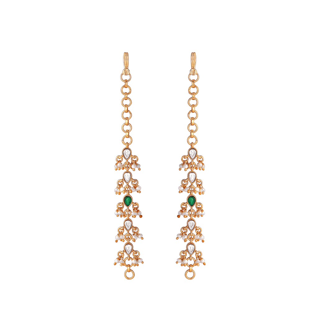 Multi-Stone 92.5 Silver gold-plated earrings with cascading white and green stones and pearl clusters in elegant design.