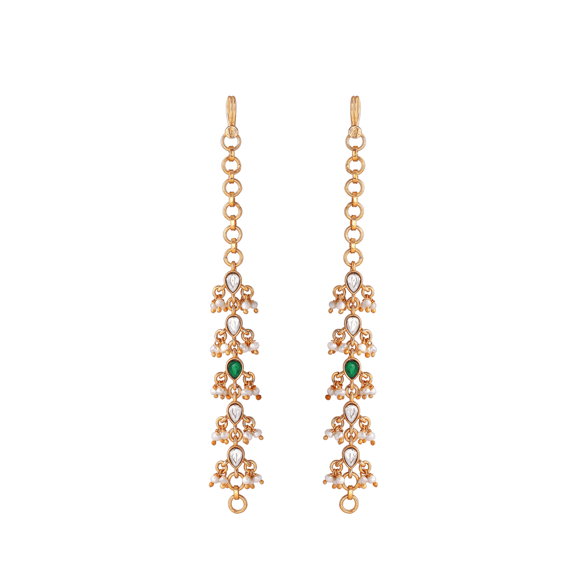 Multi-Stone 92.5 Silver gold-plated earrings with cascading white and green stones and pearl clusters in elegant design.