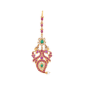 Regal Peacock-Inspired maang tikka in gold-tone metal with red and green stones, white pearls, and intricate traditional motifs.