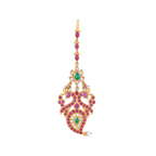 Regal Peacock-Inspired maang tikka in gold-tone metal with red and green stones, white pearls, and intricate traditional motifs.
