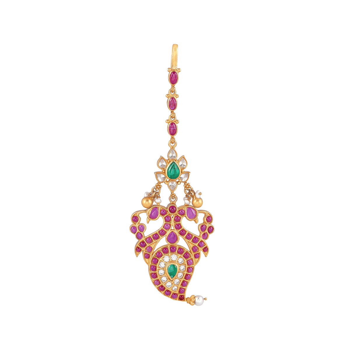 Regal Peacock-Inspired maang tikka in gold-tone metal with red and green stones, white pearls, and intricate traditional motifs.