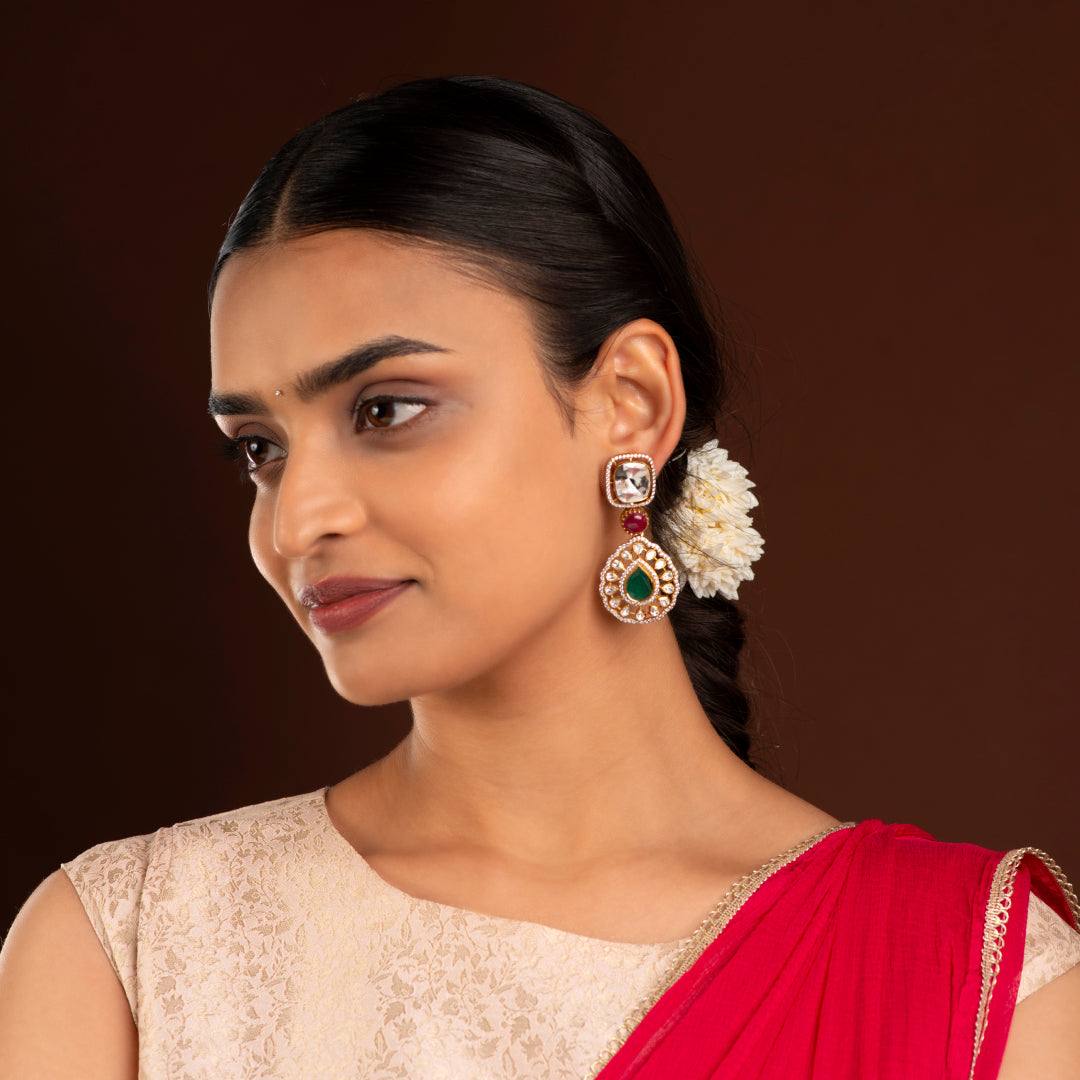 Floral Leaf Motif 92.5 Silver Dangler Earrings by Tavya Jewellery - styled close-up