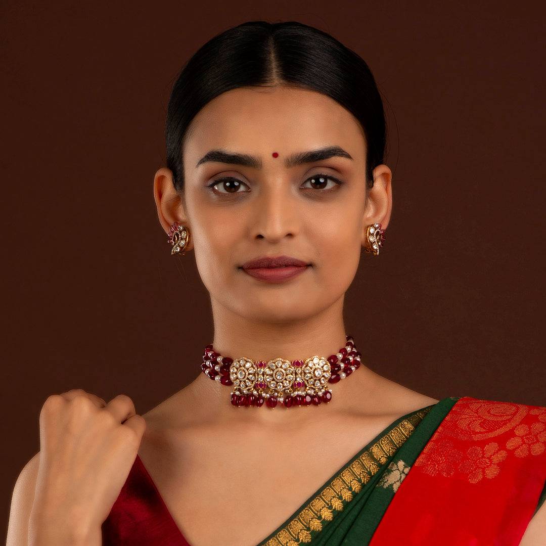 Silver Floral Medallion Choker by Tavya Jewellery - side view