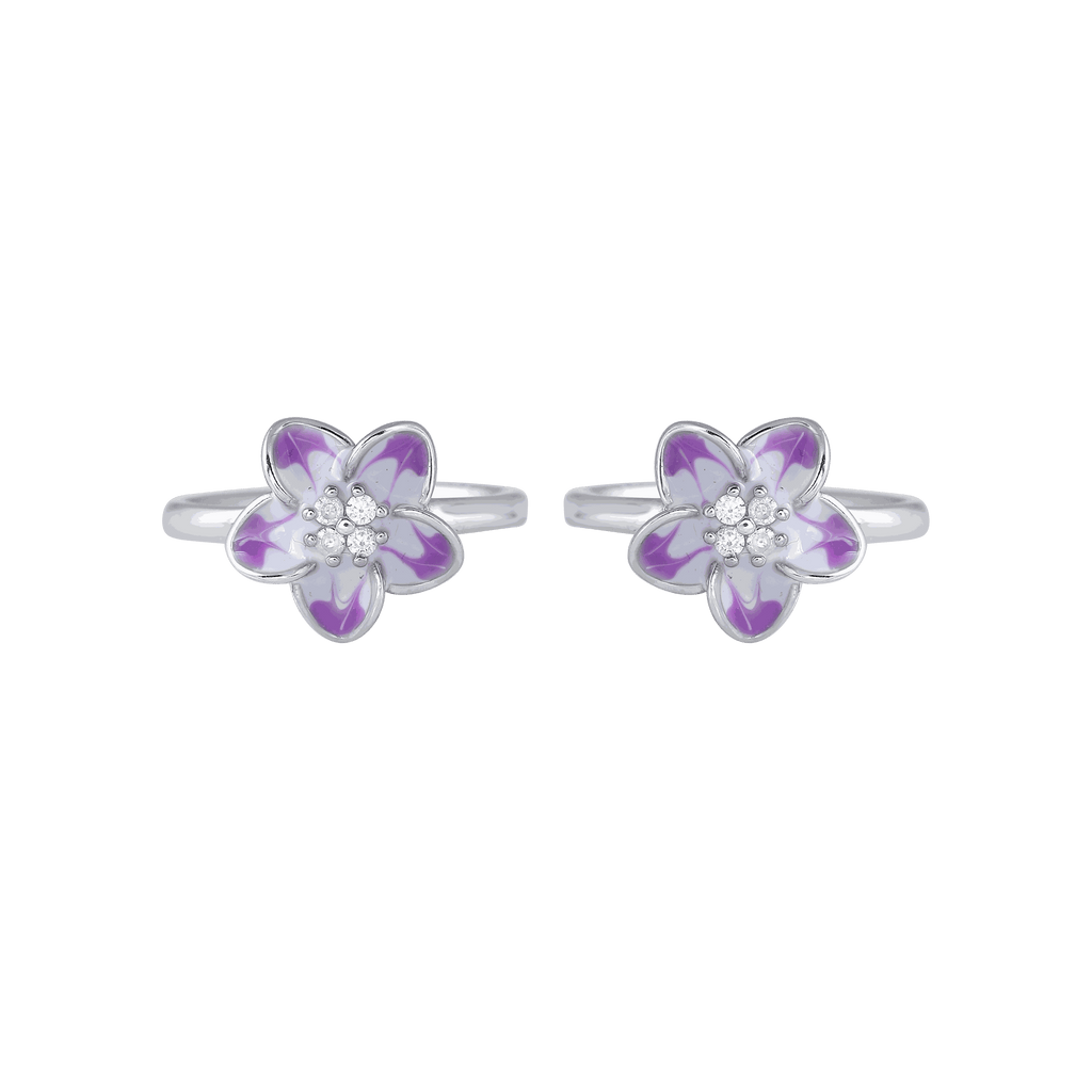 Bloom 92.5 Silver floral toe rings featuring five-petal flowers with purple and white enamel and central cubic zirconia cluster accents.