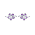 Bloom 92.5 Silver floral toe rings featuring five-petal flowers with purple and white enamel and central cubic zirconia cluster accents.